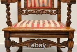 Antique Jacobean Style Carved Oak Open Armchair
