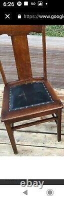Antique Kitchen Table Primitive Tiger Oak w3T Back Leather Chairs 1800s