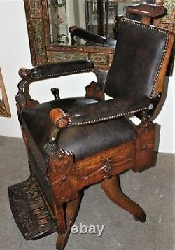 Antique Kochs COLUMBIA Carved Tiger Oak Barber Shop Chair on Cabriole Legs