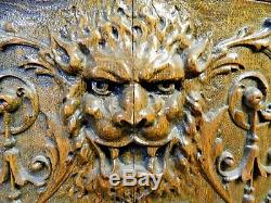 Antique Large Hand MASTER Carved LION on Tiger Oak Panel Cabinet Curved Door