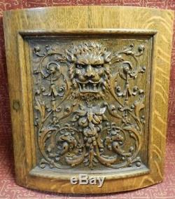 Antique Large Hand MASTER Carved LION on Tiger Oak Panel Cabinet Curved Door