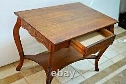 Antique Library Table Tiger Oak Carved writing desk bookshelf dove tail drawer