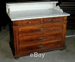 Antique Marble Top Washstand Tiger Oak Base with Three Drawers