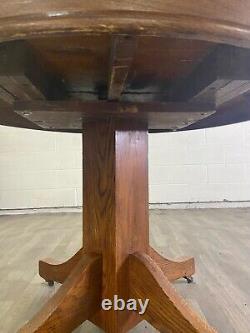 Antique Mission Arts and Crafts Style Tiger Oak Pedestal Dining Table with Leaf