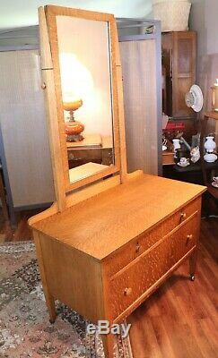 Antique Mission Style Tiger Oak Dresser with Quarter Sawn Top & Tilting Mirror