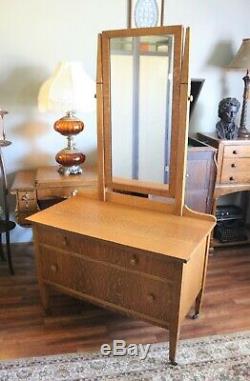 Antique Mission Style Tiger Oak Dresser with Quarter Sawn Top & Tilting Mirror