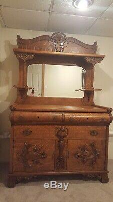 Antique Northwind Furn. Co Tiger Oak Sideboard Buffet Mirror Carved Face Face