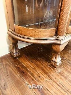 Antique Oak China Curio Cabinet Carved Lions Claw Feet Tiger Oak Curved Glass