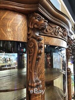 Antique Oak China Curio Cabinet Carved Lions Claw Feet Tiger Oak Curved Glass