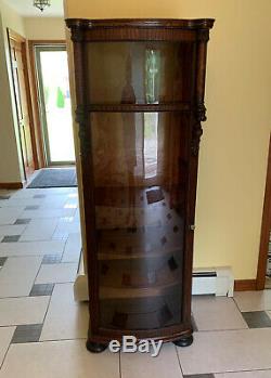 Antique Oak Curved Glass Curio China Cabinet Vitrine Bookcase Victorian Carvings