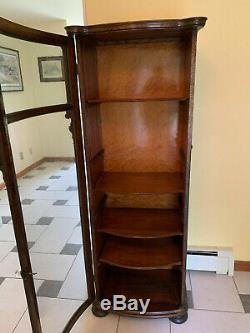 Antique Oak Curved Glass Curio China Cabinet Vitrine Bookcase Victorian Carvings