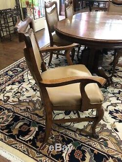 Antique Oak Dining Table Claw Feet Carved Base 6 Oak Chairs Leather Back Seat