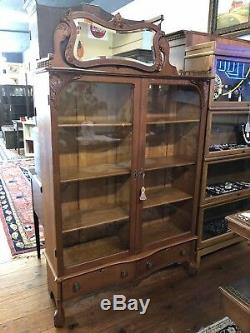 Antique Oak Double Door Bookcase Curio Original Wavy Glass Doors Tiger Oak