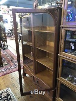 Antique Oak Double Door Bookcase Curio Original Wavy Glass Doors Tiger Oak