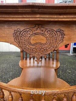 Antique Oak Parlor Table Entry Arts Crafts Carved Ornate Spindles Large Tiger
