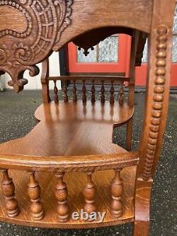 Antique Oak Parlor Table Entry Arts Crafts Carved Ornate Spindles Large Tiger