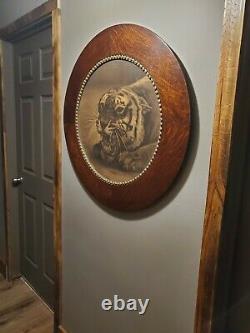 Antique Oak Round Frame With Tiger