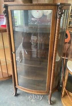 Antique Oak Tiger Wood Lighted Lion Head Curved Glass Curio China Cabinet