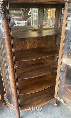 Antique Oak Tiger Wood Lighted Lion Head Curved Glass Curio China Cabinet
