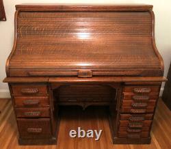 Antique Office Tiger Oak S-Roll Top Desk withRetractable Typewriter Shelf EUC