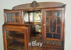 Antique Orig Finish Tiger Oak Side by Side Secretary Desk Curio Bookcase c1900