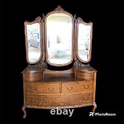 Antique Original Tiger Oak American Dressing Chest / Batwing Beveled Mirrors