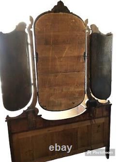 Antique Original Tiger Oak American Dressing Chest / Batwing Beveled Mirrors