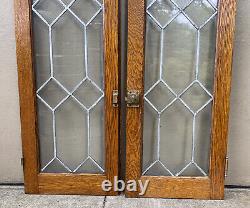 Antique Pair Leaded Glass Cabinet Case Doors Tiger Oak WAVY GLASS 17 Panels #A