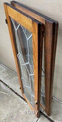 Antique Pair Leaded Glass Cabinet Case Doors Tiger Oak WAVY GLASS 17 Panels #A
