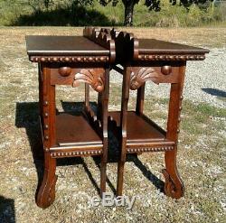 Antique Pair Victorian Foyer End Tables Solid Tiger Oak w Applied Carving