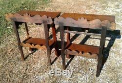 Antique Pair Victorian Foyer End Tables Solid Tiger Oak w Applied Carving