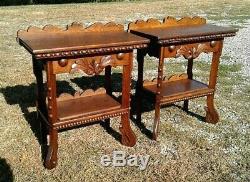Antique Pair Victorian Foyer Tables Solid Tiger Oak w Applied Carving