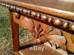 Antique Pair Victorian Foyer Tables Solid Tiger Oak w Applied Carving