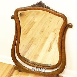Antique Quarter Sawn Tiger Oak Beveled Mirror from Vanity Writing Desk 1900s