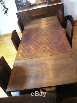 Antique Quarter Sawn Tiger Oak Carved Inlaid Dining Table Chairs China Cabinets