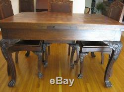 Antique Quarter Sawn Tiger Oak Carved Inlaid Dining Table Chairs China Cabinets