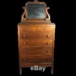 Antique Quarter Sawn Tiger Oak High Boy Gentlemans Dresser Chest with Mirror