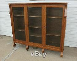 Antique Quartersawn Tiger Oak 3 Door Empire Bookcase Old Display Cabinet + Key