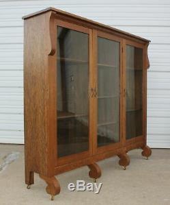 Antique Quartersawn Tiger Oak 3 Door Empire Bookcase Old Display Cabinet + Key
