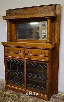 Antique Quartersawn Tiger Oak Leaded Glass Mantel Bookcase w. Mirror