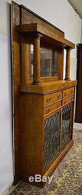 Antique Quartersawn Tiger Oak Leaded Glass Mantel Bookcase w. Mirror