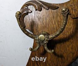 Antique Quartersawn Tiger Oak Wood Victorian Wall Hall Mirror with Brass Hooks
