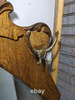 Antique Quartersawn Tiger Oak Wood Victorian Wall Hall Mirror with Brass Hooks