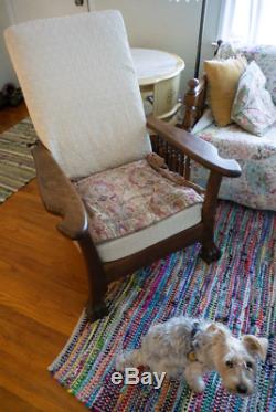 Antique Reclining Morris Chair, Lion Paw Feet, Tiger Oak, Updated Cushions