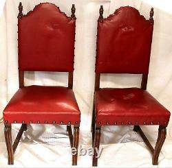 Antique Red Leather & Brass High Back Tiger Oak Dining Chairs, Set of Two