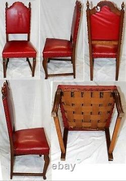 Antique Red Leather & Brass High Back Tiger Oak Dining Chairs, Set of Two