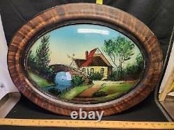 Antique Reverse Painted Country Canal Landscape Picture Bubble Glass Tiger Oak