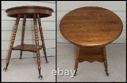 Antique Round Tiger Oak Lamp Table Turned Legs Glass Ball Beaded Eagle Claw Feet