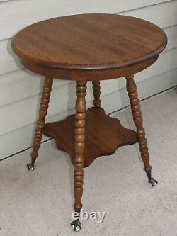 Antique Round Tiger Oak Lamp Table Turned Legs Glass Ball Beaded Eagle Claw Feet