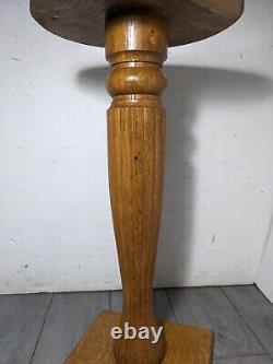 Antique Rustic Oak Wood Round Pedestal Table Plant Stand Fluted Column